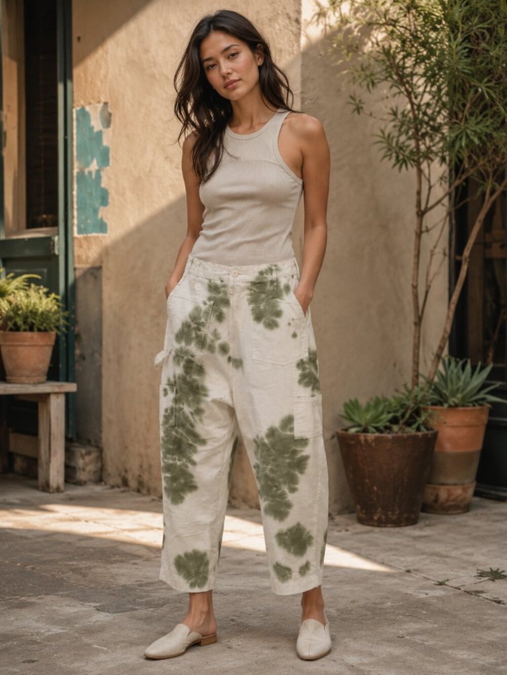 NSF Green Blotch Dye Pants Casual Trousers Slacks Women Sz Med